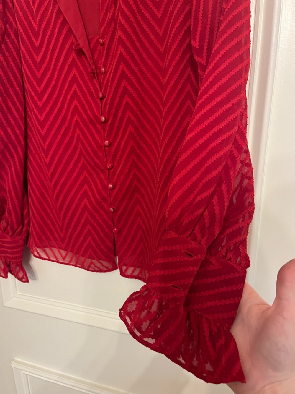 Walter Baker Crimson Chevron Button-Front Ruffle Blouse - Picture 3 of 6